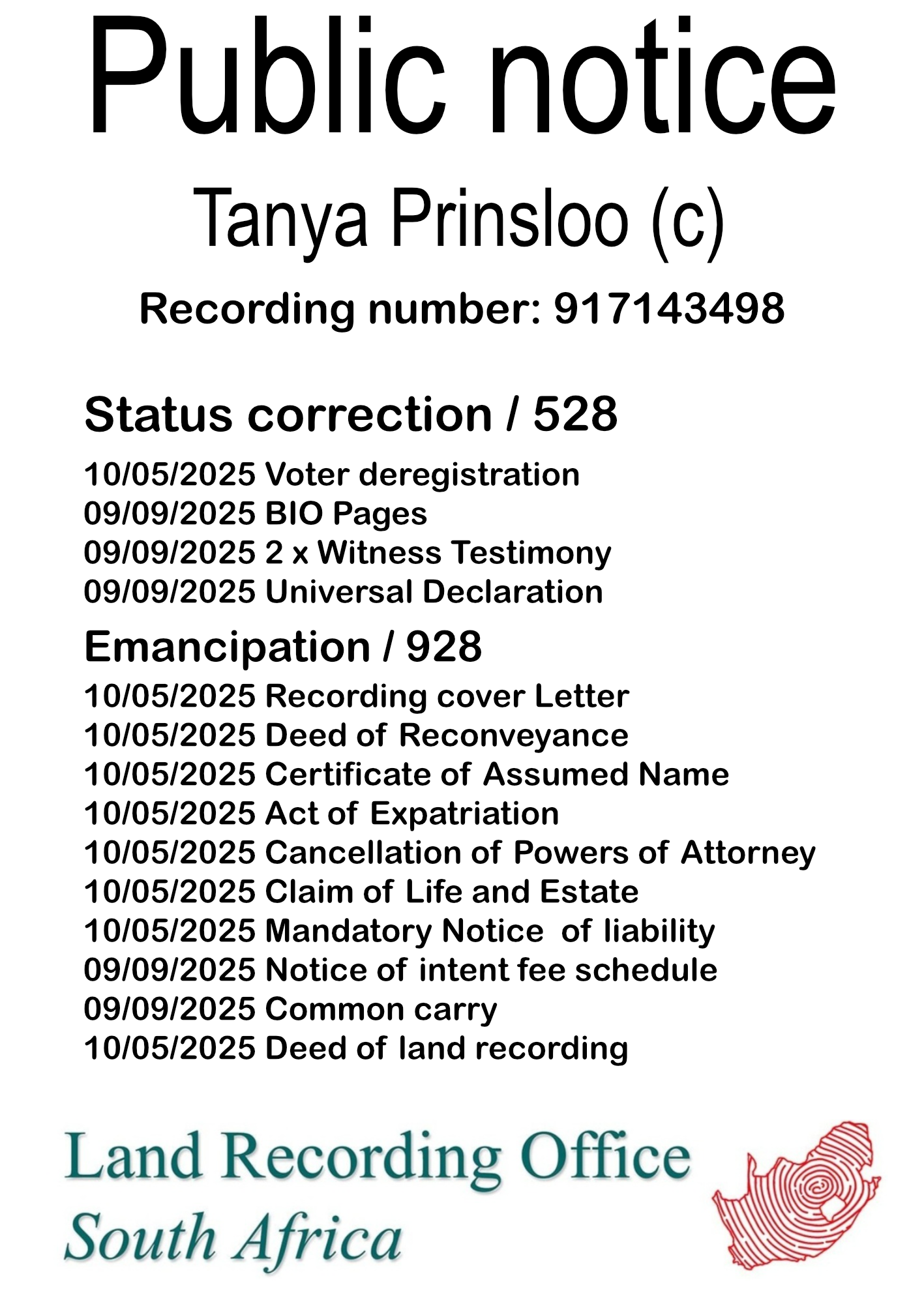 Public notice Tanya Prinsloo Recording number 917143498